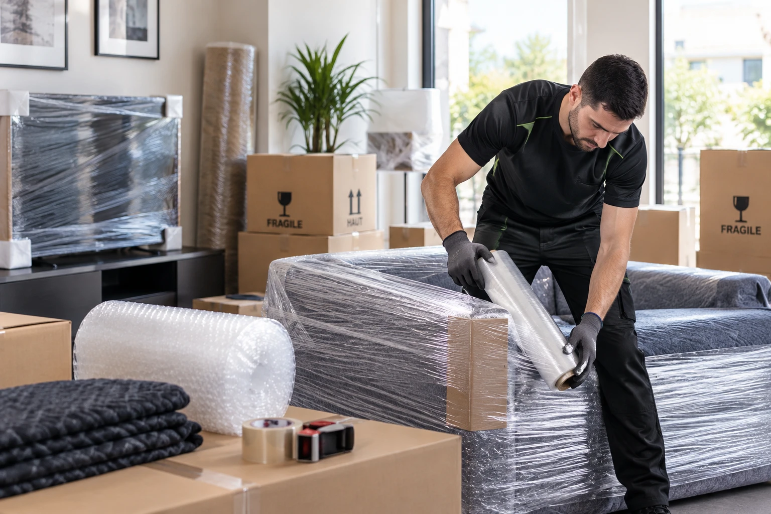 Déménageur d'Izi Déménagement filmant un canapé, entouré de couvertures, papier bulle et cartons marqués fragile