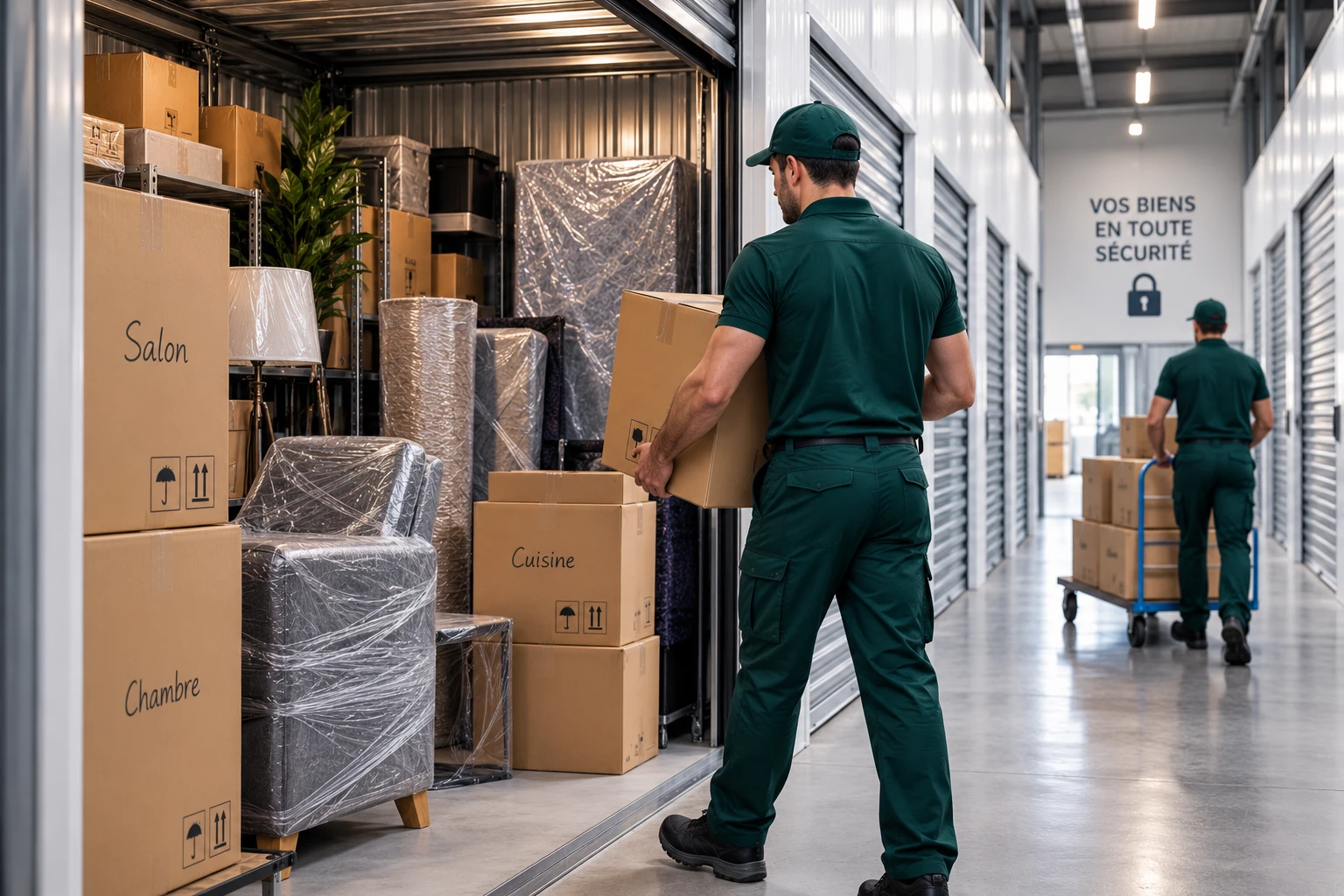 Déménageur d'Izi Déménagement rangeant des cartons étiquetés salon, cuisine et chambre dans un box de garde-meuble sécurisé