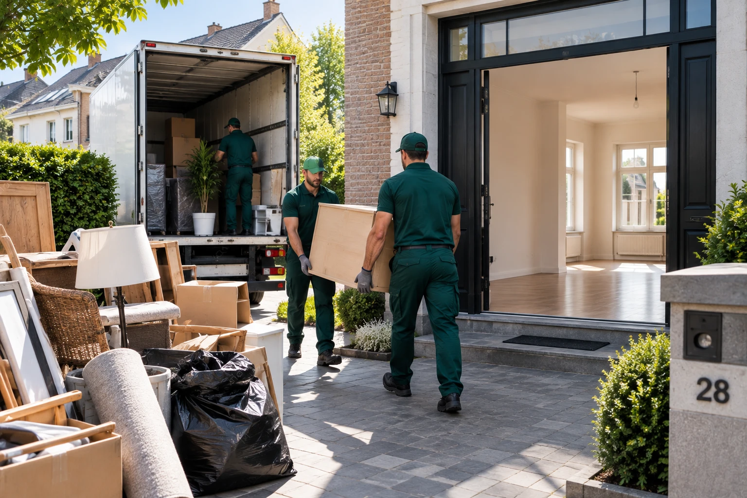 Équipe d'Izi Déménagement évacuant mobilier, cadres et encombrants devant une maison en cours de vidage